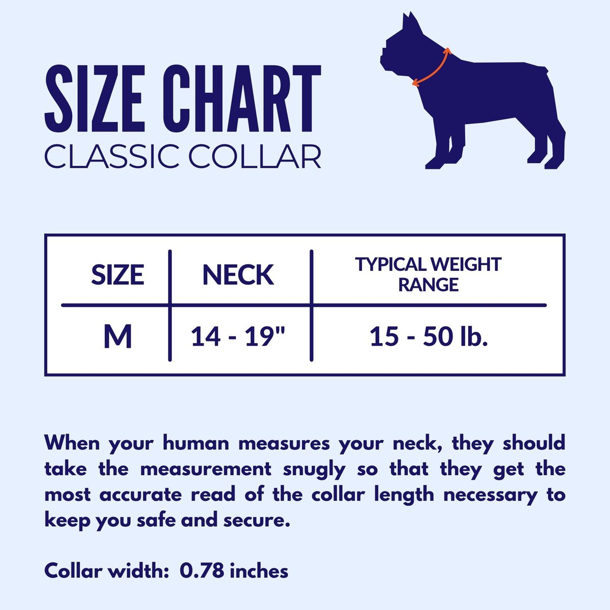 Classic collar size chart: M, 14–19 inch neck, 15–50 lb